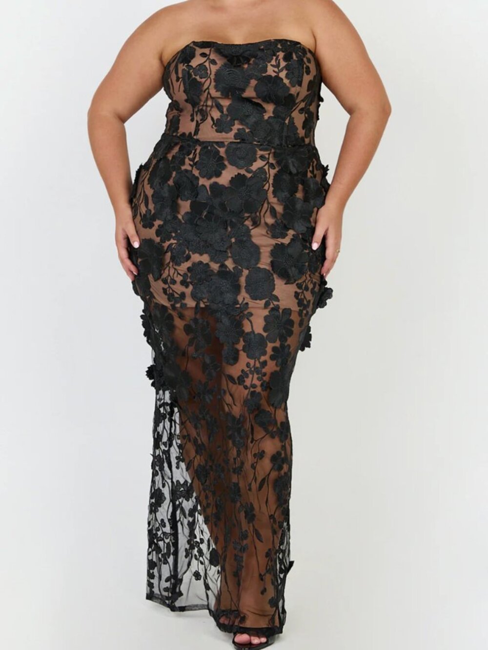 Showpo - Sienna Maxi Dress 3D Floral Strapless Column Dress in Black